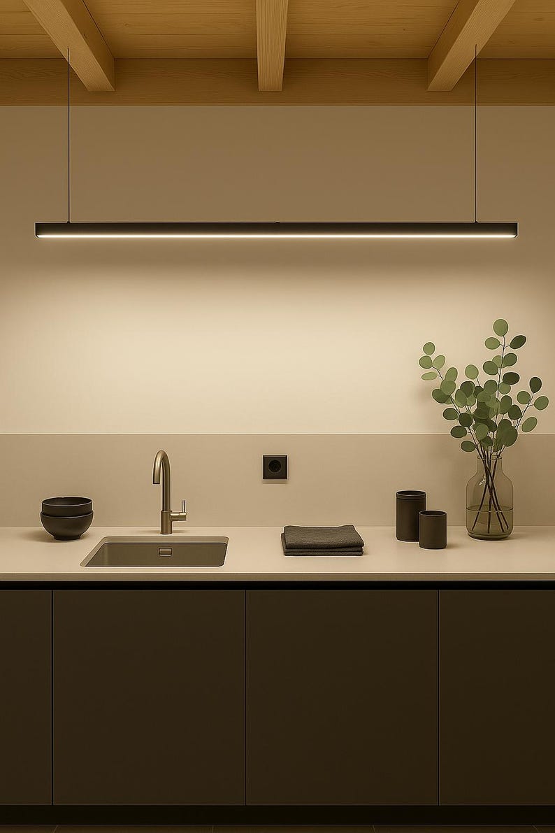 May include: A modern kitchen interior featuring a black linear pendant light above a sink and countertop. The countertop has a faucet, a sink, and a few dark bowls. A vase with green leaves and two dark cylinders are also on the countertop.