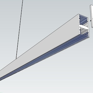 May include: A modern, linear pendant light fixture in a minimalist design. The light has a rectangular, silver-colored housing with a blue interior and is suspended by thin cables. A white, rectangular cover plate is also shown.