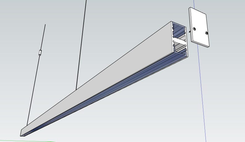 May include: A modern, linear pendant light fixture in a minimalist design. The light has a rectangular, silver-colored housing with a blue interior and is suspended by thin cables. A white, rectangular cover plate is also shown.