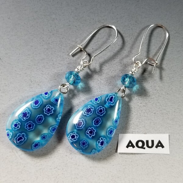 2 couleurs !... Jolies boucles d’oreilles millefiori glass teardrop avec cristaux