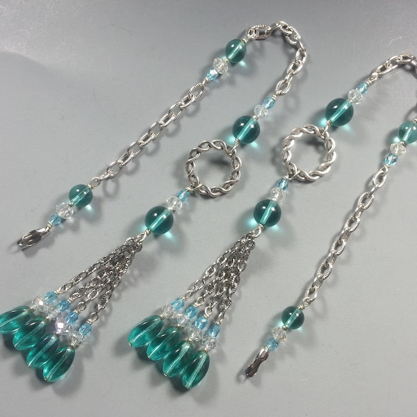 Ceiling Fan / Light Pull Chain Set with Aqua Czech Glass Beads, Braided Hoops and Sparkling Crystals