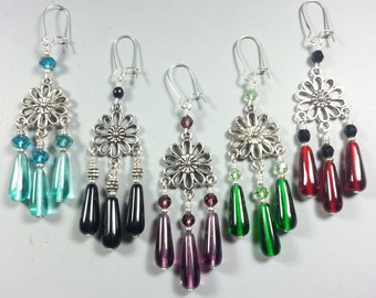 5 Colors... Czech Glass and Tibetan Silver Chandelier Earrings