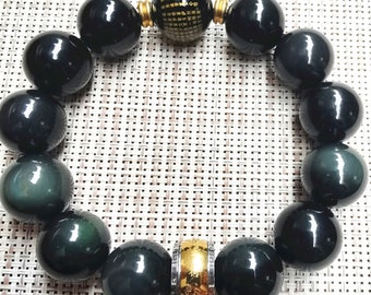 15.8 mm Natural Ice Rainbow Eyes Obsidian amulet The Heart Sutra of Guanyin beaded bracelet elastic rope