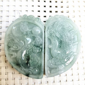 Natural green jade pendant hand-carved auspicious dragon and phoenix / Couple Pendant mascot