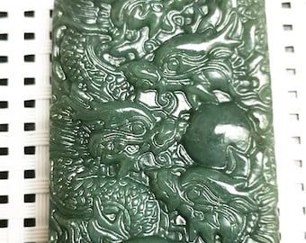 Natural green jade hand-carved  dragon pendant amulet (Double-sided engraving)