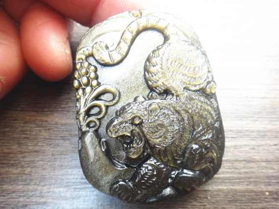 natural Gold Obsidian stone Hand carved tiger pendant