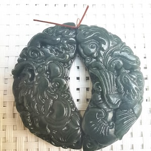 Natural green jade pendant hand-carved auspicious dragon and phoenix / Couple Pendant