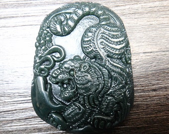 Black Green Jade Happy Lucky Tiger Amulet Pendant Talisman 