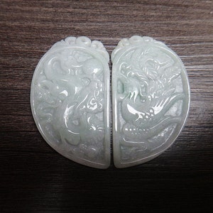 Natural green jade pendant hand-carved auspicious dragon and phoenix / Couple Pendant