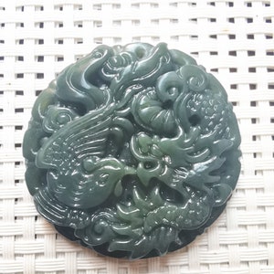 Natural green jade pendant hand-carved auspicious Dragon Phoenix