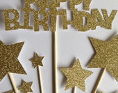 Gold Happy Birthday Cake Toppers, Gold Glitter Birthday & Star Cake Toppers, Birthday Cake Toppers, Assortment Pack