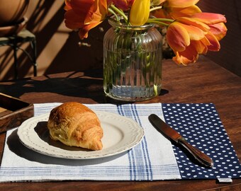 Summer Style Double-Layered Blue Placemats with Dots / Dining Placemats / Hand Made Placemats/ Mix - vintage and cotton fabric placemats