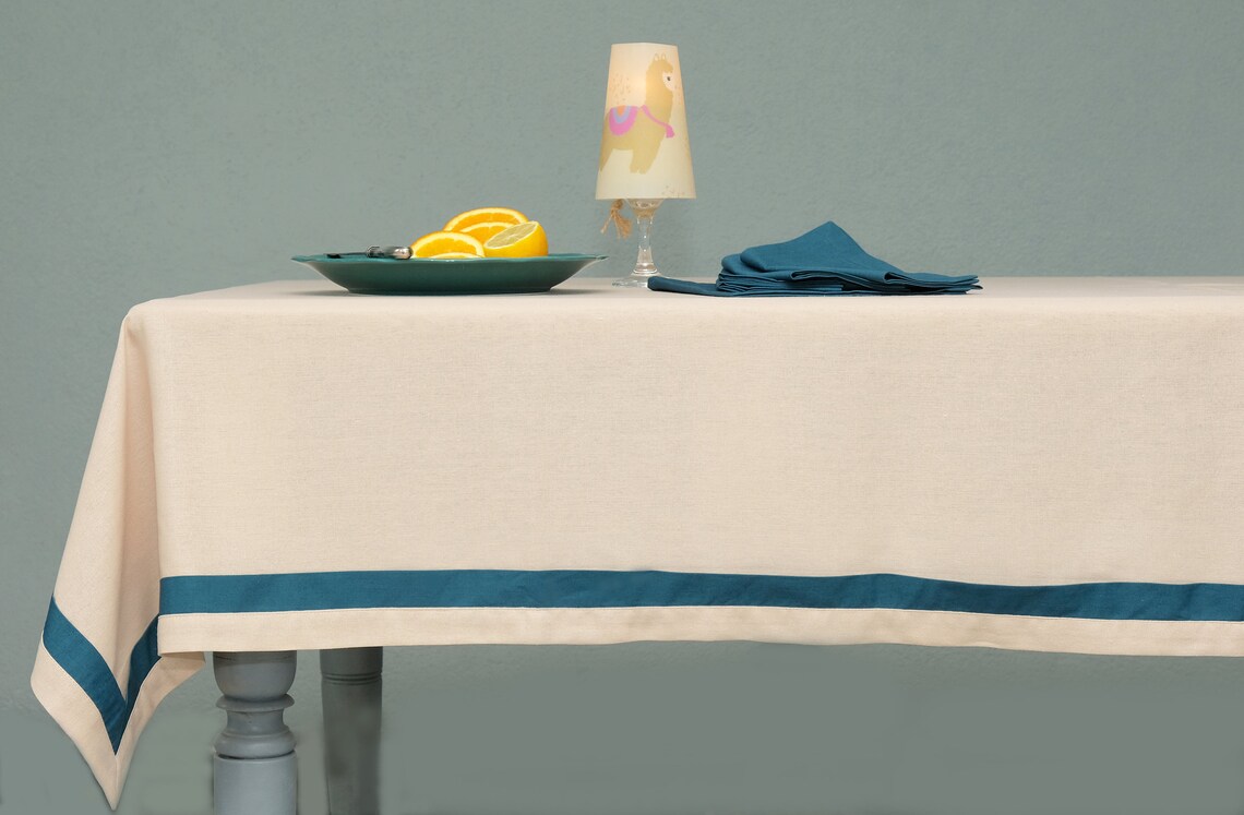Beige and Teal Tablecloth, Linen/cotton Tablecloth, Dining Table