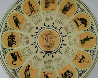 An Australiana Heritage calender  plate glass plate from 1974 with koalas kookaburra kangaroo wombat emu etc 31 cm across or 12inches