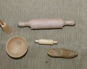 5 Wood Toys, Two Rolling Pins One Small and One Larger, One Dollhouse Bowl, One Shoe, and One Dollhouse Butter Churn, Lots of Dollhouse Toys