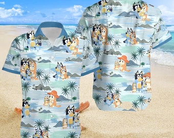 Chemise hawaïenne de famille Bluey Summer, chemise hawaïenne de plage Bluey et Bingo, chemise hawaïenne bandit Heeler Chilli Heeler, cadeau pour la fête des mères