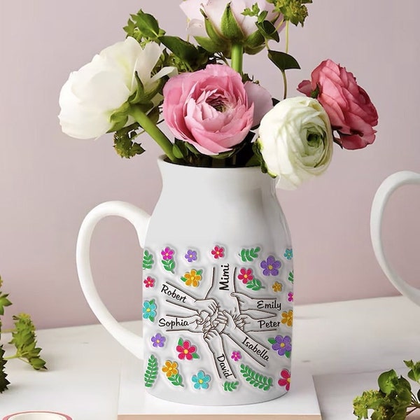 Grandma Flower Vase, Wildflower Gift Custom Mom 3D Inflected Effect Vase, Holding Kids Hands Mom Vase, Mother's Day Gift, Grandma Gift