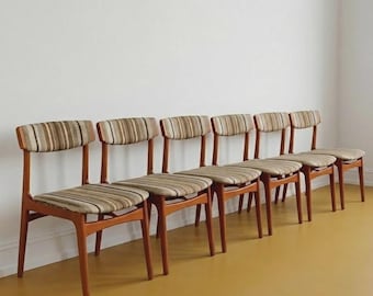 Set van 6 eetkamerstoelen van Thorsø Møbelfabrik, Deens design jaren 50, teak, originele gestreepte bekleding