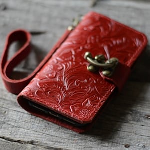 Cartera de piel auténtica para iPhone 16 Pro Max / 15 Pro / 15 Plus / 15 / 12 / 14 Pro Max Cartera para iPhone 13 Pro Max Funda de piel con cierre de muñeca Rojo
