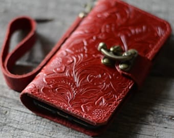 Genuine leather Wallet IPhone 15 Pro Max / 15 pro / 15 plus / 15 / 12  /  14 Pro Max Wallet iPhone 13 pro max  leather case  wristlet  Red