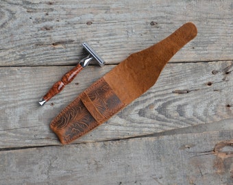 Bolsa de viaje de cuero hecha a mano Parker / Edwin Jagger / Merkur / MÜHLE Funda de afeitar de seguridad de cuero, maquinilla de afeitar de doble filo, maquinilla de afeitar para hombre