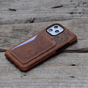 Genuine  Leather Wallet IPhone 15 Pro Max / 15 pro / 14 pro / 13 mini / 12/  15 / 15 plus  Wallet  Flower Brown  , Leather Wallet Case