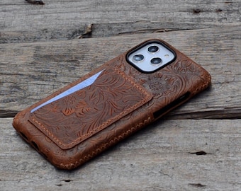 Genuine  Leather Wallet IPhone 15 Pro Max / 15 pro / 14 pro / 13 mini / 12/  15 / 15 plus  Wallet  Flower Brown  , Leather Wallet Case