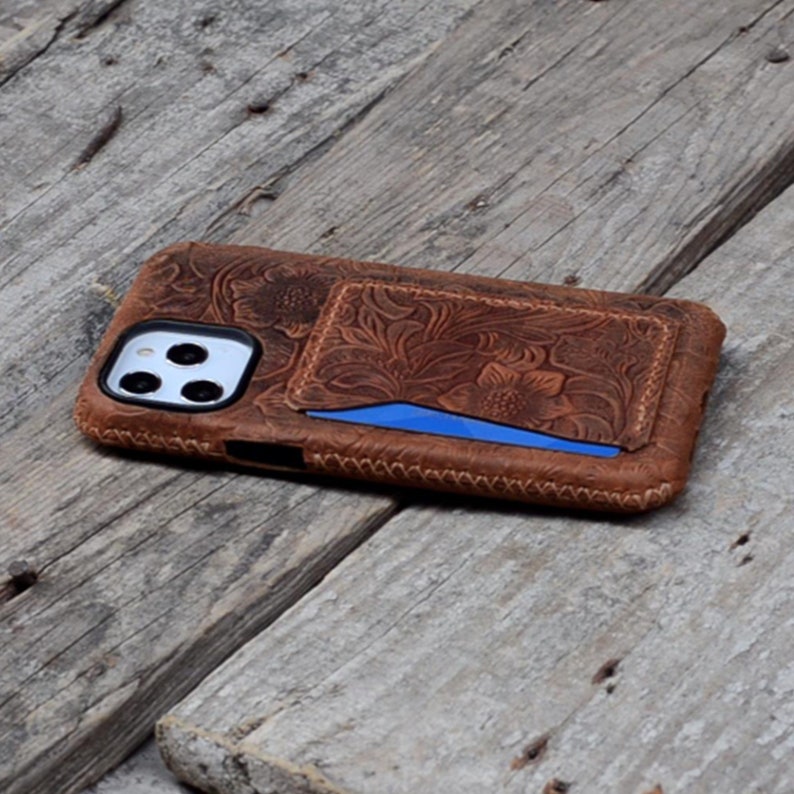 Portefeuille en cuir véritable iPhone 15 Pro Max / 15 pro / 14 pro / 13 mini / 12/ 15 / 15 plus Wallet Flower Brown , Étui portefeuille en cuir image 3