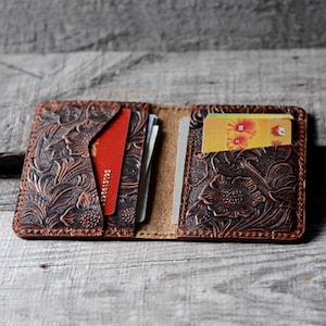 personalized Minimalist Bifold Wallet, Men's Minimalist Card Holder Distressed Leather Wallet - |  Flower brown Bifold Leather Wallet