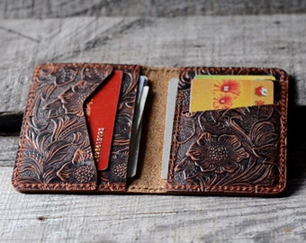 personalized Minimalist Bifold Wallet, Men's Minimalist Card Holder Distressed Leather Wallet - |  Flower brown Bifold Leather Wallet