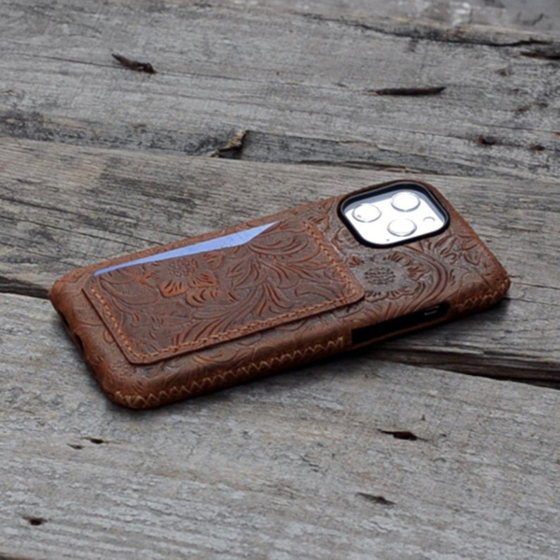 Portefeuille en cuir véritable iPhone 15 Pro Max / 15 pro / 14 pro / 13 mini / 12/ 15 / 15 plus Wallet Flower Brown , Étui portefeuille en cuir image 2