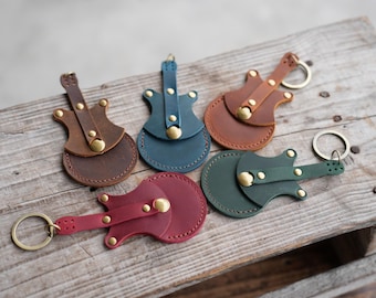 Genuine Guitar shaped pick holder, Genuine Leather Guitar Pick Holder Keychain, Picks Case Instrument Gifts Ideas for Musicians