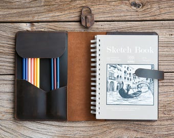 Copertina per album da disegno in pelle, copertina per album da disegno in pelle per artisti 5,5"x8,5", porta album da disegno in pelle ricaricabile, regalo per pittore