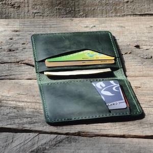 Cartera de cuero minimalista, tarjetero de cuero plegable para mujer, billetera delgada, billetera para hombre, billetera para mujer, monedero clásico, regalo/verde