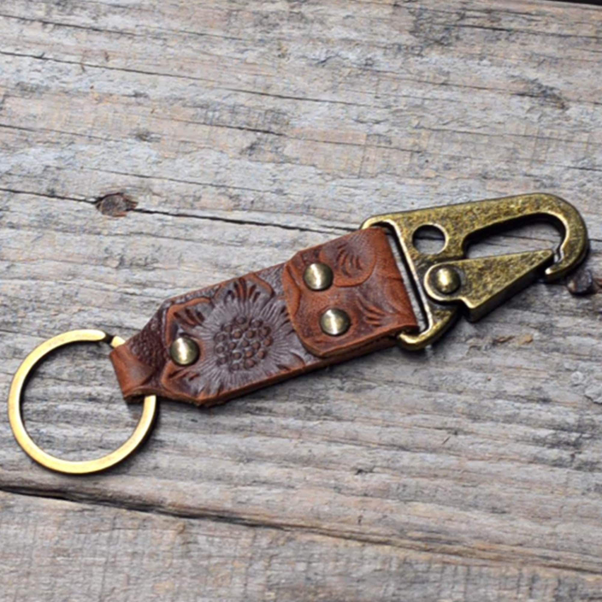 JJNUSA Genuine Leather Keychain Walnut Leather Key Holder Mens Belt Key  Chain Ring Fob