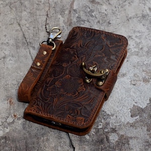 Cartera de cuero genuino iPhone 13 Pro Max / 13 / 13 Pro / 13 mini funda de cuero Wallet funda de cuero wristlet