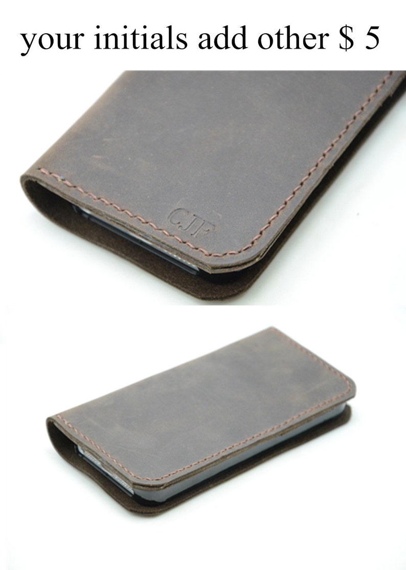 May include: A brown leather phone case with stitching around the edges. The case has the initials "C.J.F." embossed on the front.