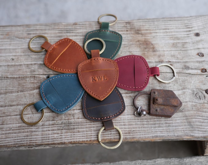 Genuine Leather Guitar shaped Pick Holder Keychain with Belt for guitar picks Keychain Quarter holder key chain, Mandolin, Ukulele or Bass