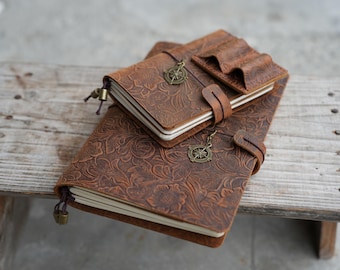 Diario da viaggio personalizzato fatto a mano, rilegato in pelle, ricaricabile / Diario in pelle A5 / Regali di viaggio per lui e per lei Diario in pelle Field Notes A6