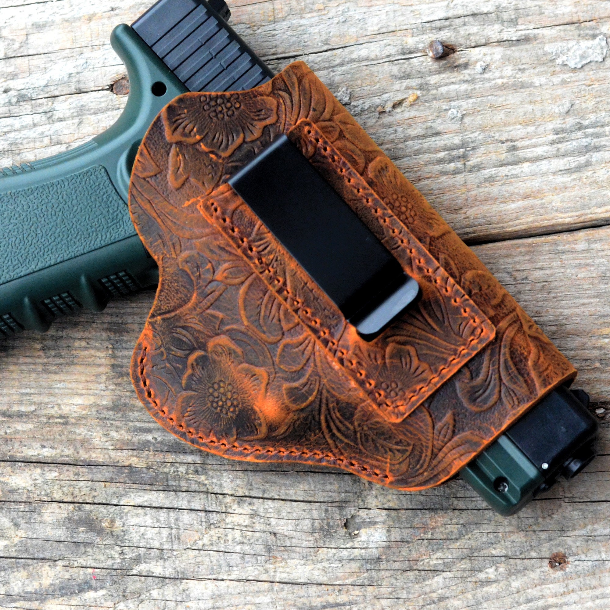 Genuine Leather Gun Holster Handmade Kimber R7 Mako with optics  Holster Bag , R7 Pocket Holster   flower brown