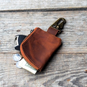 Personalized  Genuine Leather Zipper Coin Purse Wallet With Key Car Smart, Change Purse, Coin Pouch Holder For Men