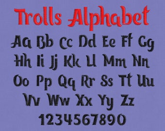 embroidery design font alphabet Troll Poppy pes hus jef vip vp3 dst exp xxx colour chart