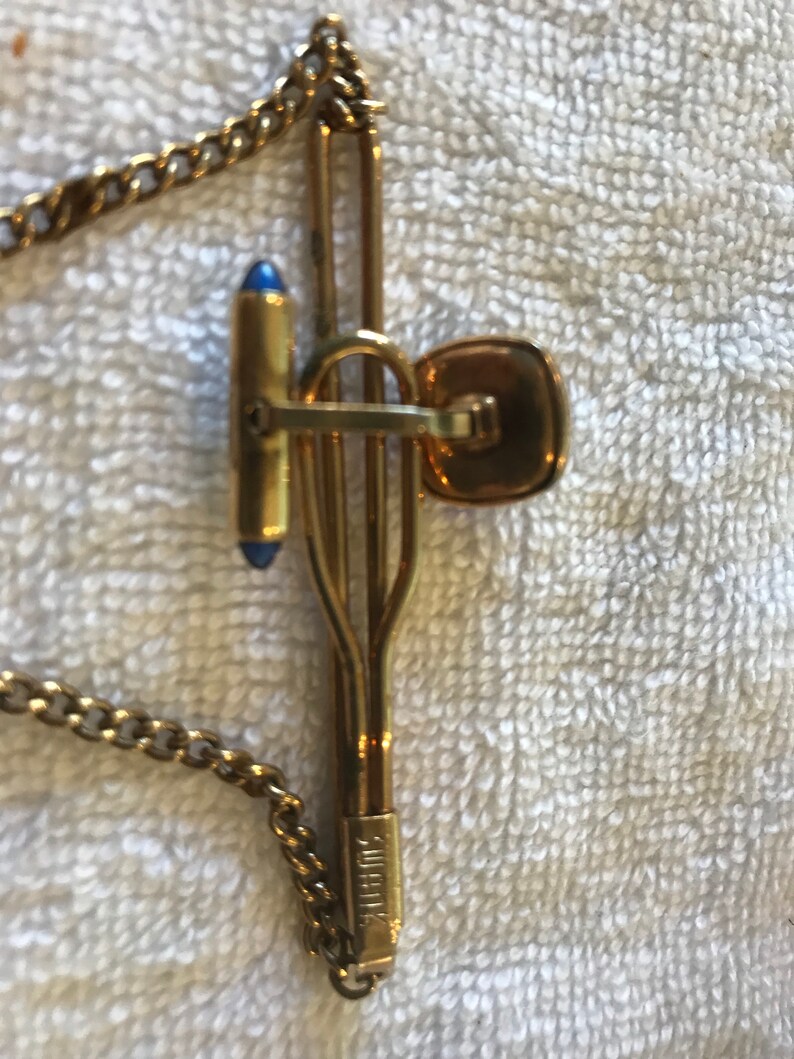Vintage Swank Love Knot Tie Bar Matching Cuff Links Blue Glass
