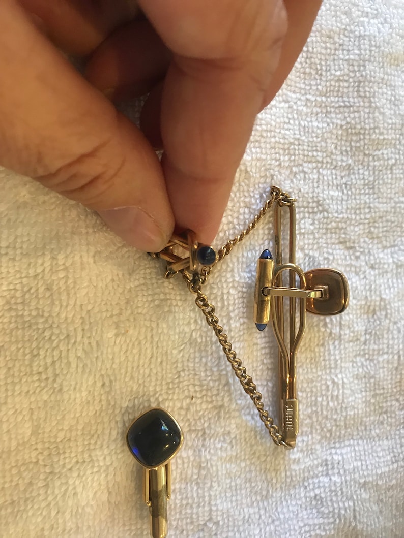 Vintage Swank Love Knot Tie Bar Matching Cuff Links Blue Glass
