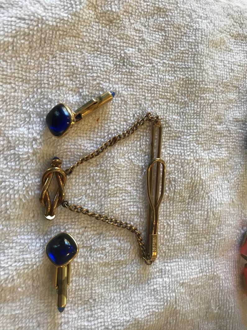 Vintage Swank Love Knot Tie Bar Matching Cuff Links Blue Glass