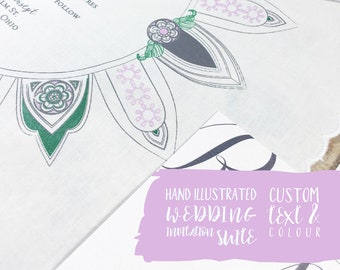 Custom hand illustrated wedding handkerchief invite suite - match venue/theme set incl: 1 hankie, RSVP, info tag - price per set,  min 40+