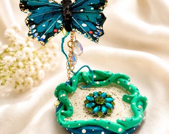 Teal Butterfly Jewelry Dish | Handmade Trinket Tray | Whimsical Butterfly Decor | Mini Ring Holder | Cottagecore Room Decor | Unique Gift fo