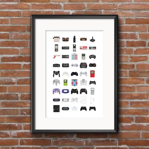 May include: A framed print featuring a collection of video game controllers from different eras. The controllers are arranged in rows, starting with the earliest controllers and progressing to the most modern. The print is a great way to celebrate the history of video games.