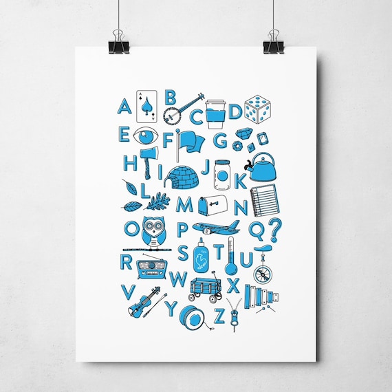Alphabet Poster for Kids Room, Cyber Monday Gift Under 10 Dollars, 11x17  Screen Print 