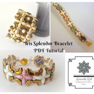 Könnte beinhalten: Ein goldenes und weißes Perlenarmband mit Blumenmuster. Das Armband ist aus Rocailles gefertigt und hat einen Verschluss. Das Armband heißt "Iris Splendor Bracelet" und ist ein PDF-Tutorial von Amanda Nel.